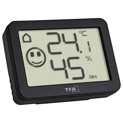 Digital thermometer and hygrometer with smiley face, displaying 24.1 °C and 45% relative humidity.