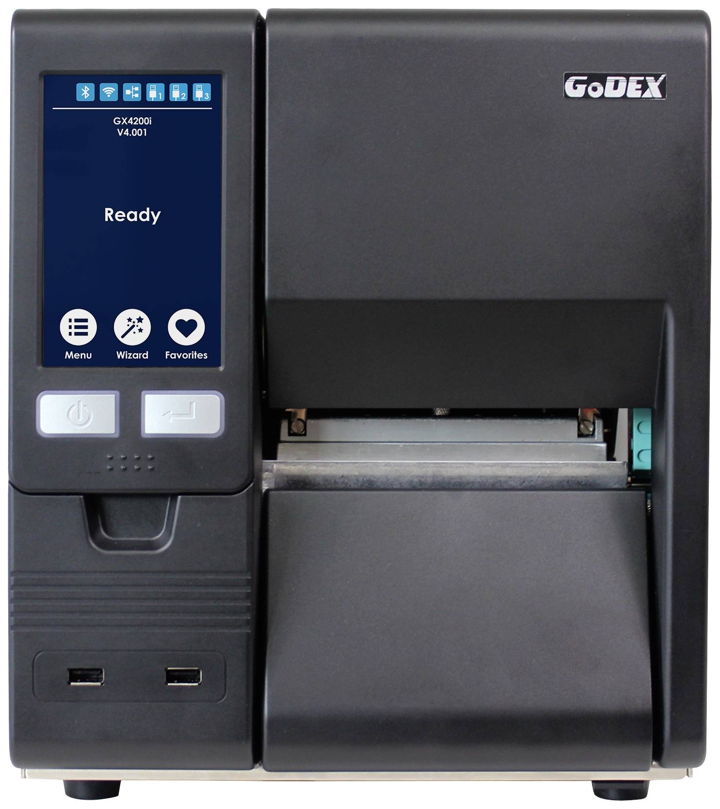 A black label printer with a digital display shows the status 'Ready'. Control buttons are visible below the display.