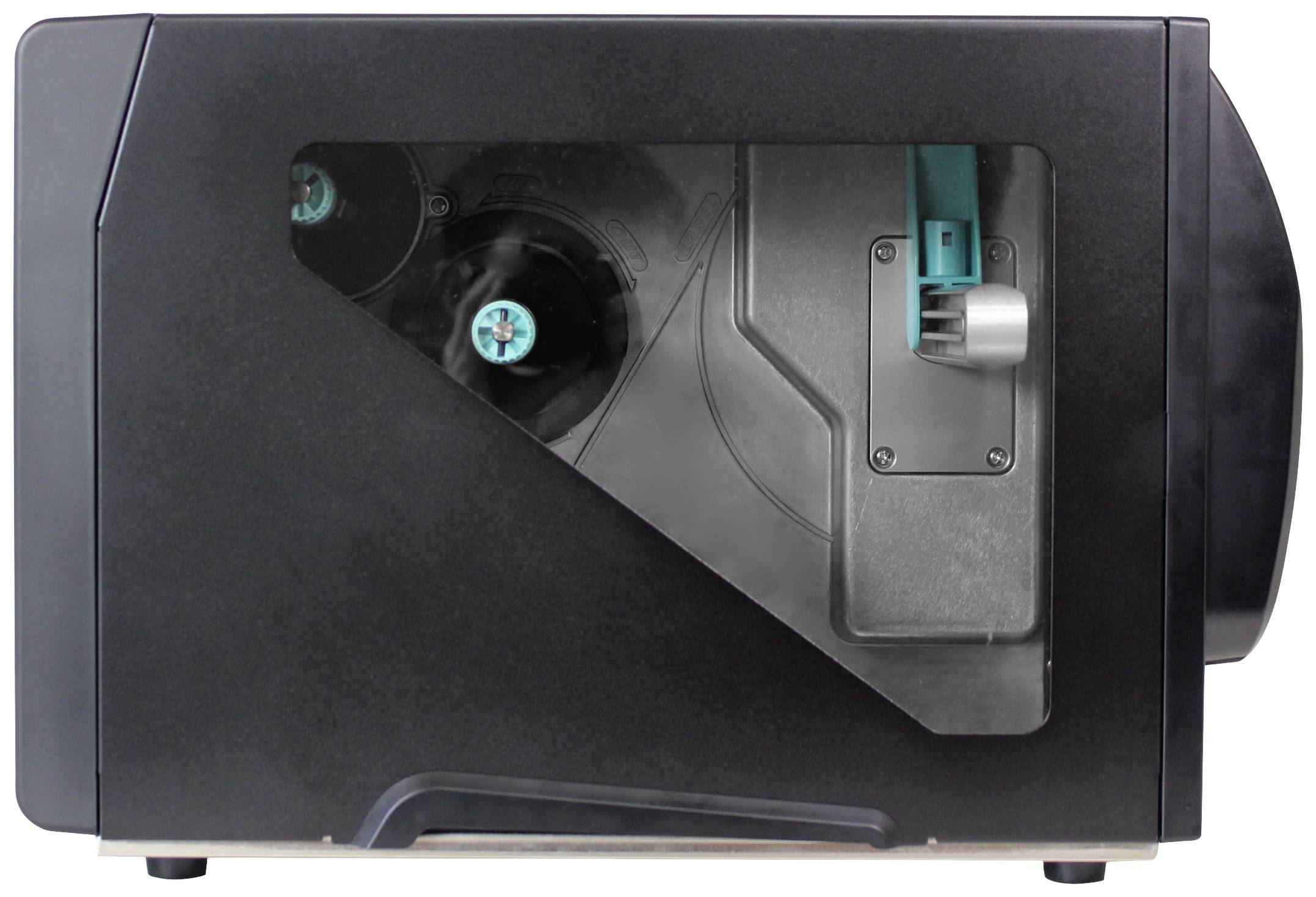 Black device with a transparent cover, revealing internal roller mechanism and green details.