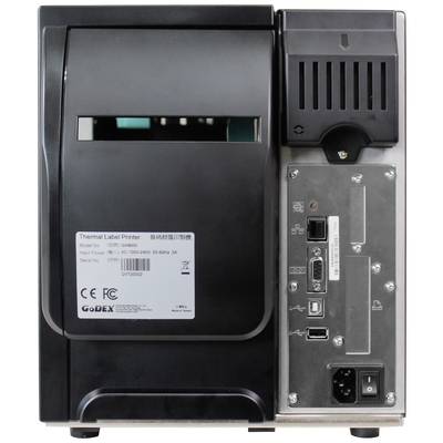 Thermal printer with network connection, USB and serial ports on the right side. Label with model and technical specifications on the front.