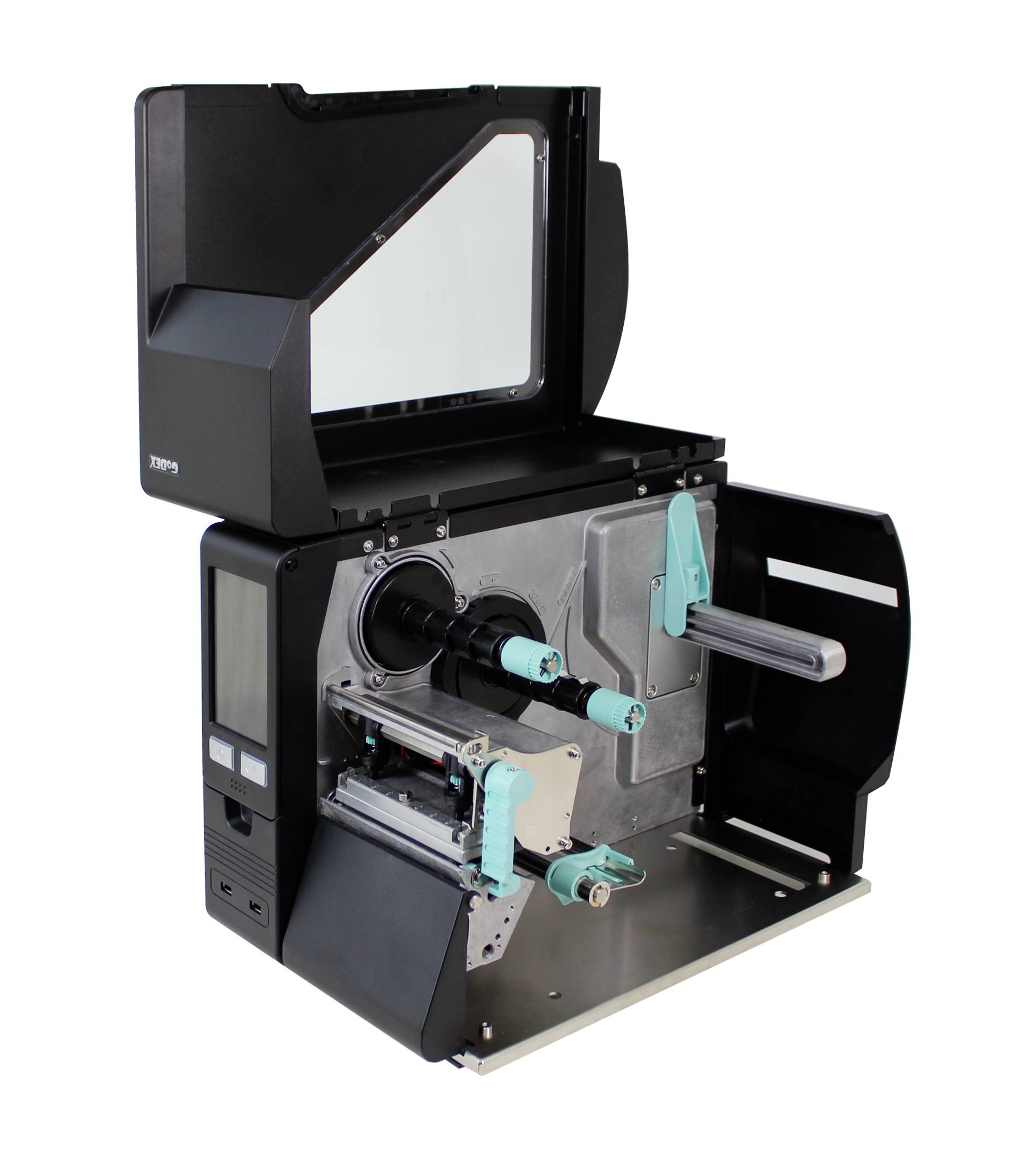 Label printer with open casing, showing internal rollers and mechanisms. Used for industrial label printing.
