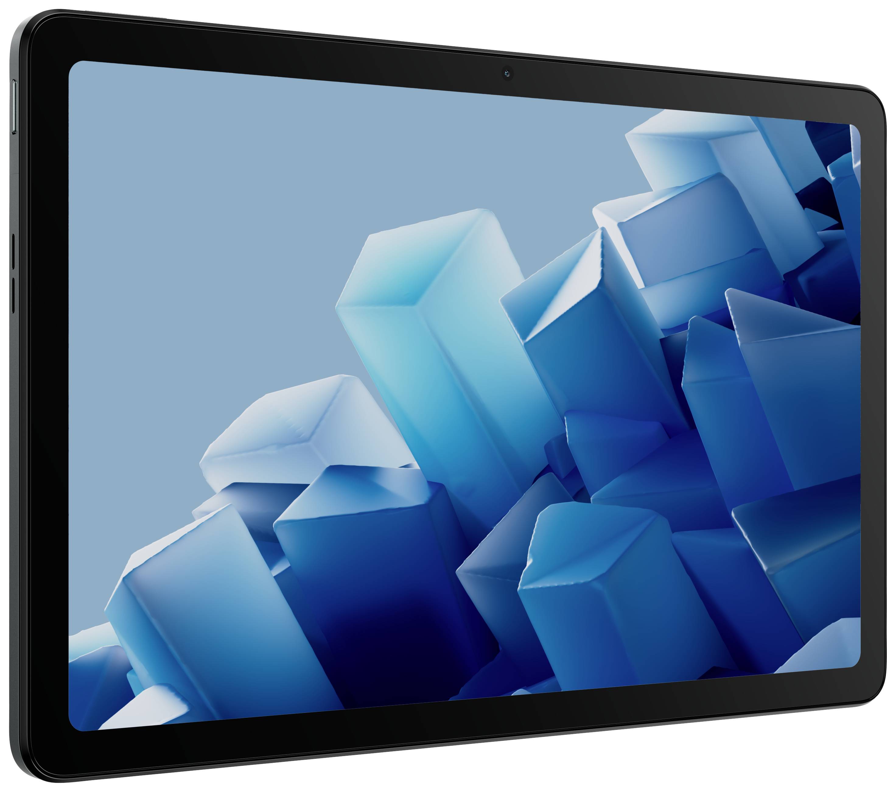 A tablet with a display showing abstract, blue geometric shapes.