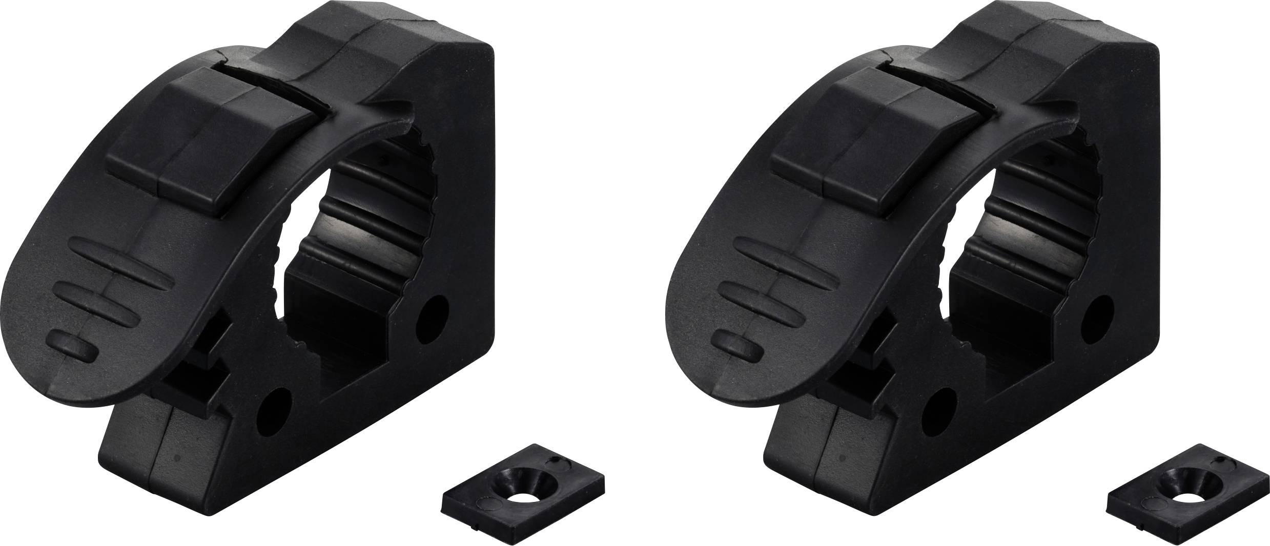 Two black mounting brackets with a rectangular extension piece, arranged on a white surface. Suitable for securing pipes.