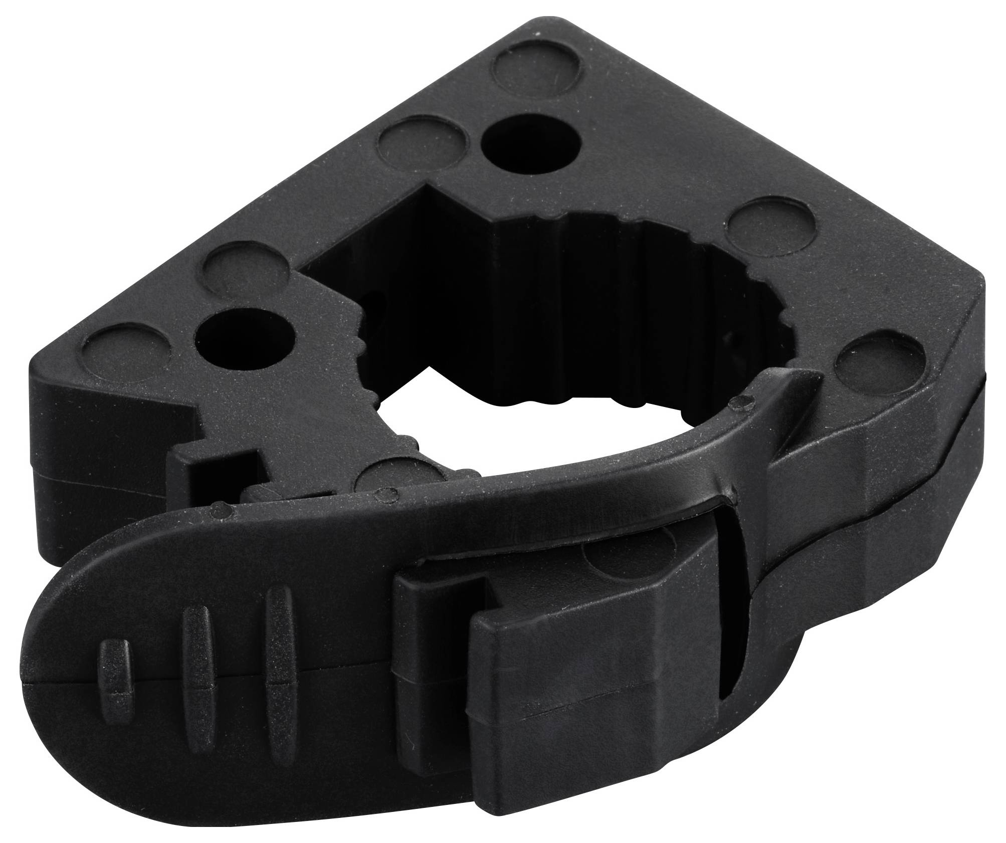 Black, triangular plastic clip with a round hole in the centre and snap fastener, used for attaching pipes or cables.