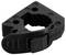 Black, triangular plastic clip with a round hole in the centre and snap fastener, used for attaching pipes or cables.