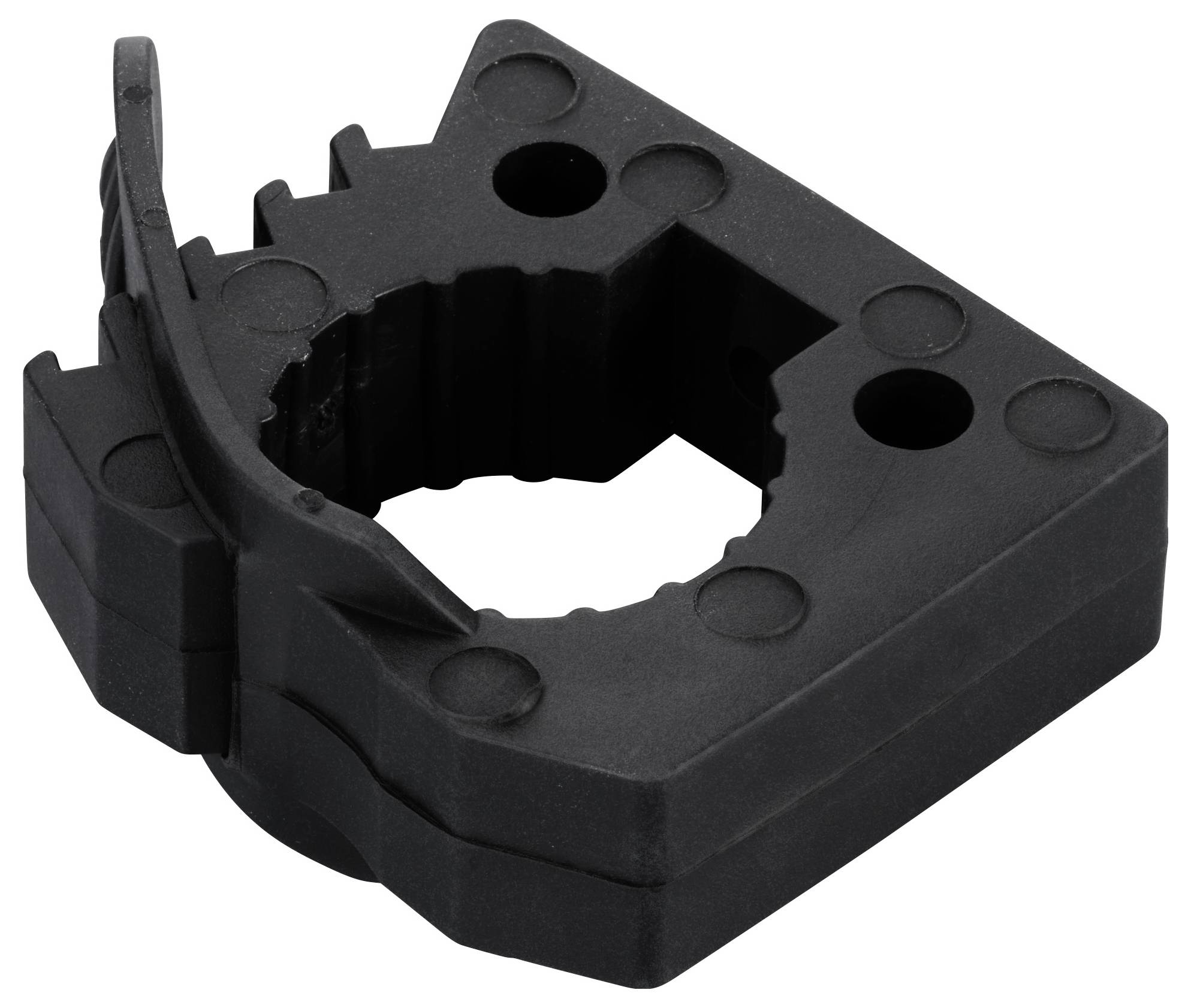 Black plastic component in the shape of a rectangular bracket with a circular opening and multiple holes, potentially for cable management.