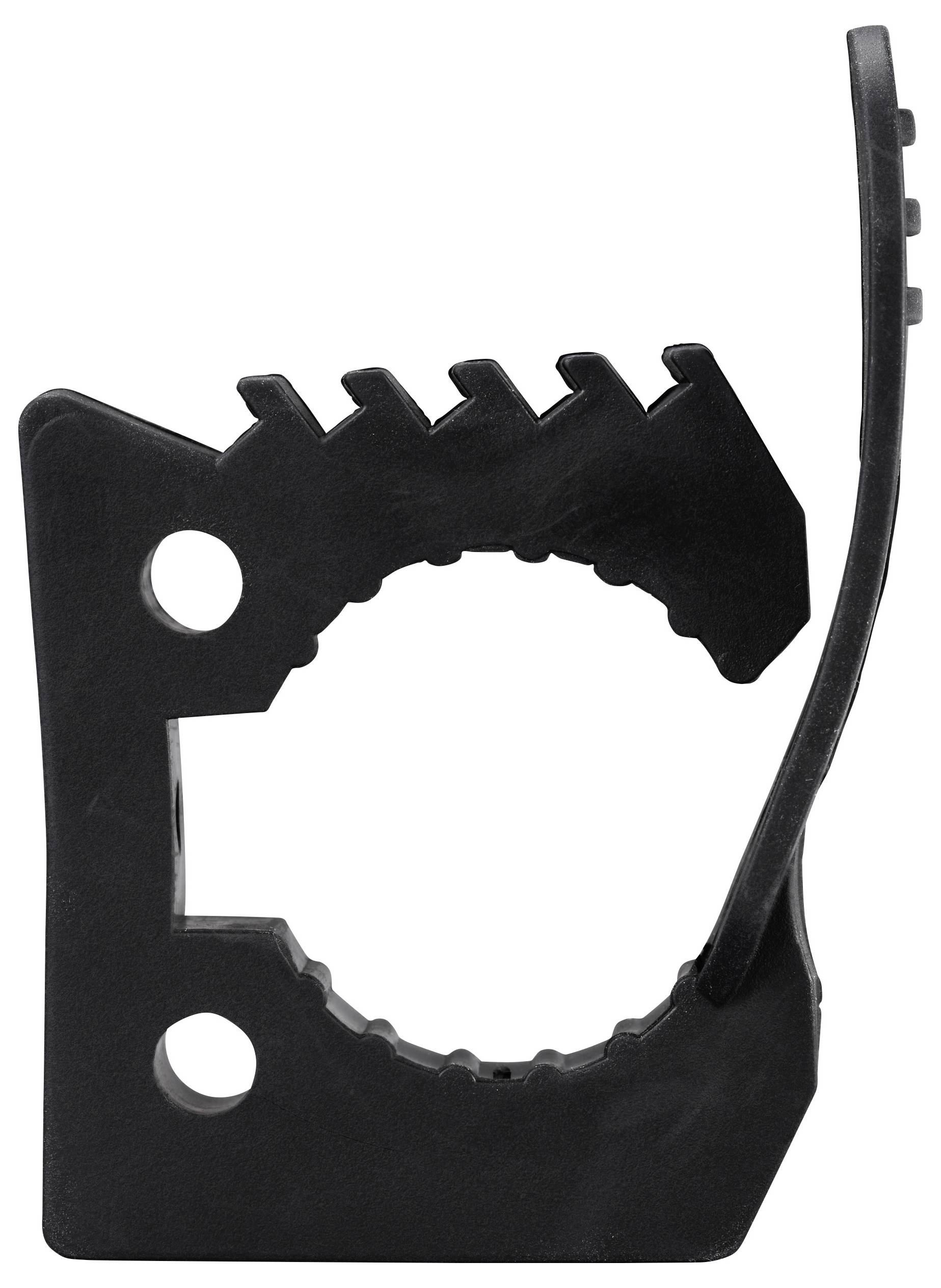 Black plastic cable clip with two holes, suitable for holding pipes or cables in place.