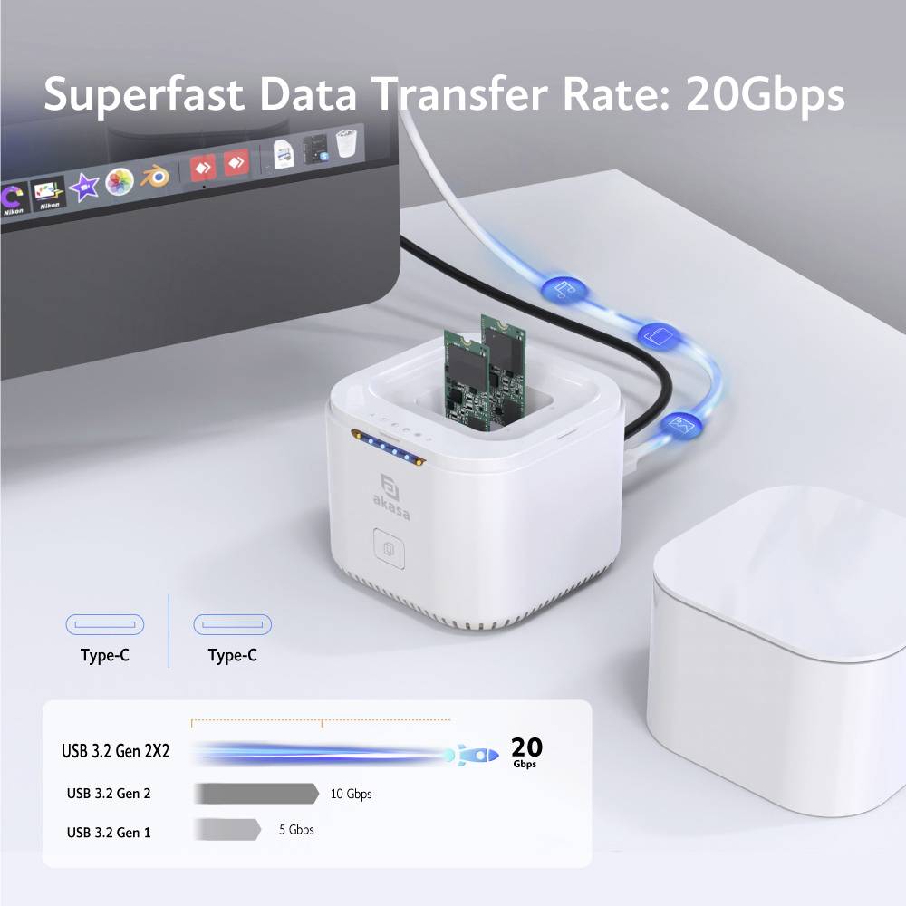 Desk with a height-adjustable mechanism and cables showing a data transfer rate of 20 Gbps. Devices with USB-C and USB 3.2 Gen 2x2 interfaces.