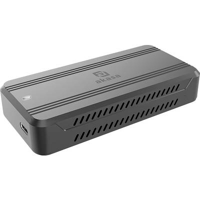 Black, rectangular computer case by Akasa with ventilation slots and a USB port on the side.