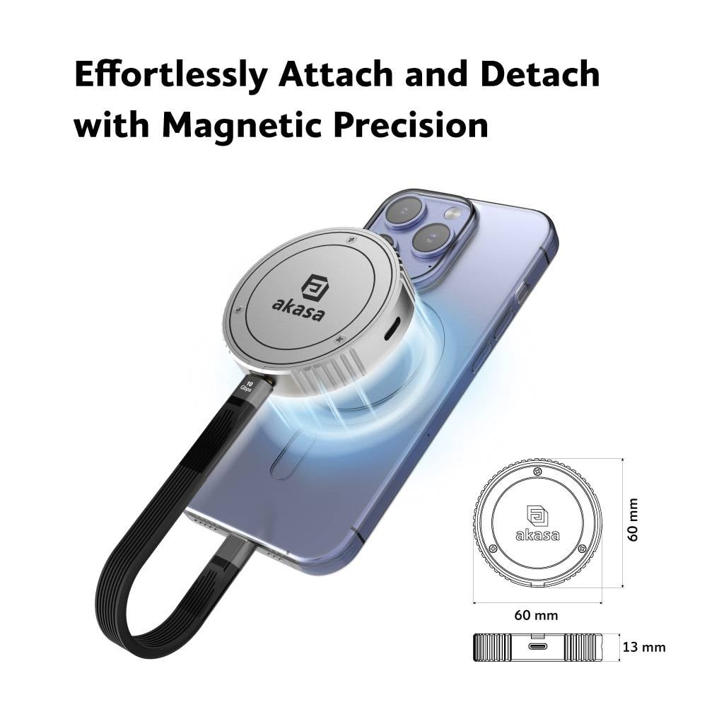 'Magnetic cable attached to smartphone, demonstrating easy fastening and removal. Detailed measurements: 13 mm thick, 60 mm diameter.'