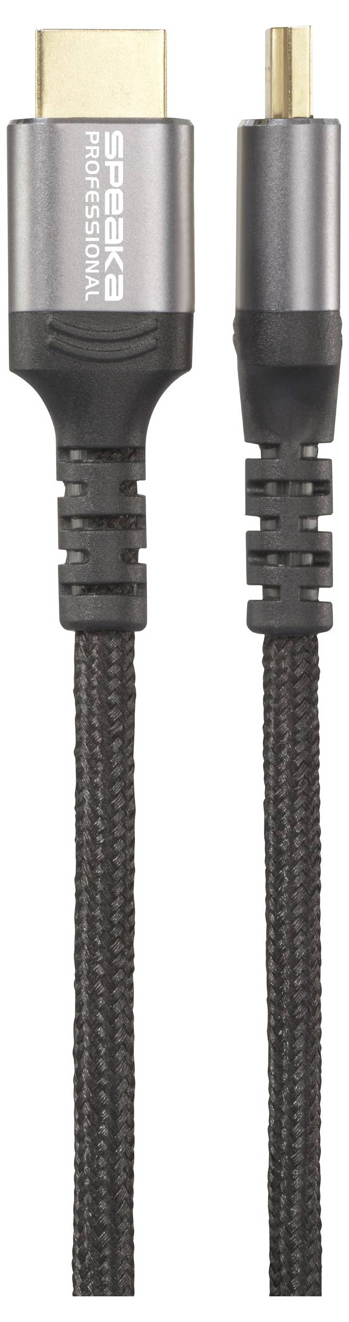 A black HDMI cable and its corresponding smaller adaptor cable, both with braided protective sheathing and metallic connectors.