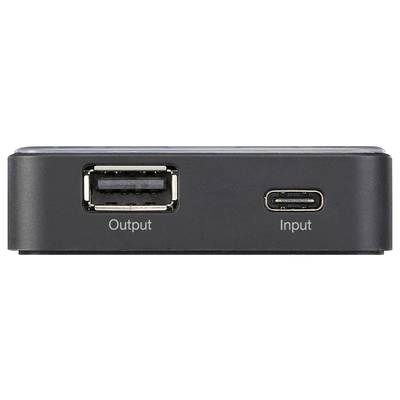 Black electronic box with USB port 'Output' on the left and small connection 'Input' on the right, showing connection options.