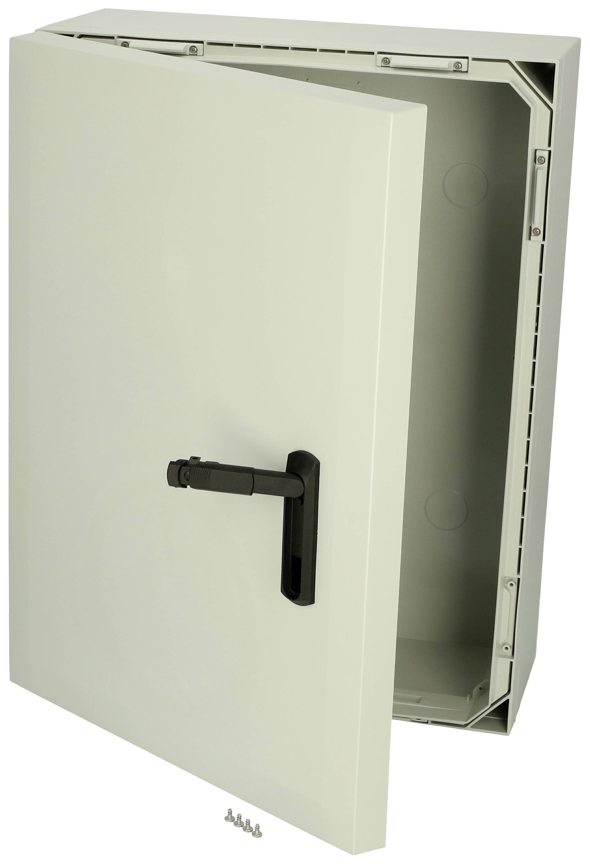 An opened metal switchboard with a protruding black handle, screws visible on the base.