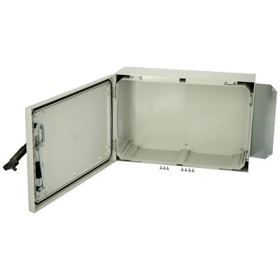 Metal enclosure with an open door, revealing the interior with mounting options and fixing screws.
