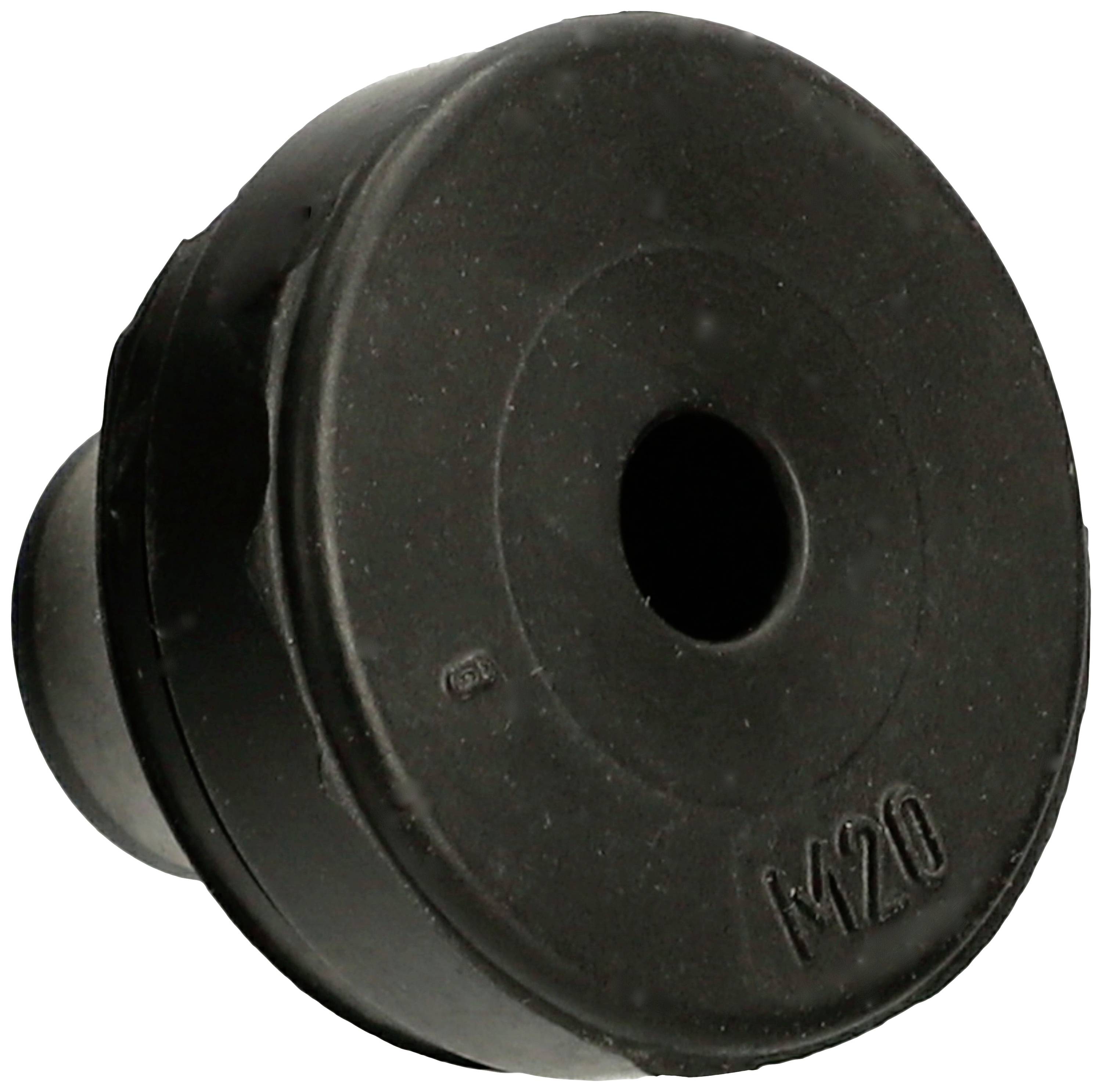 Black rubber grommet with a hole in the centre, marked with 'M20', for cable routing or protection in machinery and equipment.