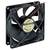 'Black, square computer fan with red and black cable and product label in the centre. Fan is designed for cooling electronic devices.'