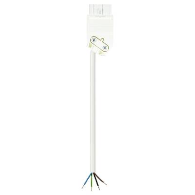 A white electrical cable with exposed, colour-coded wires (blue, brown, green-yellow) and a plastic plug at the top.