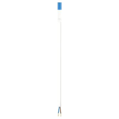 A coloured pencil with a blue tip and a wooden shaft.