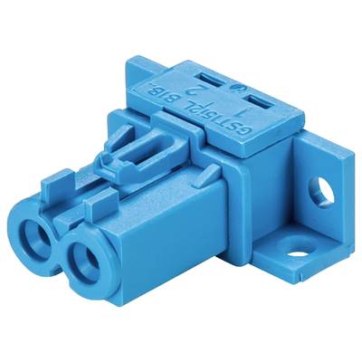 Blue electrical connector with two round terminals and a rectangular base, suitable for mounting on surfaces.