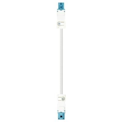 A vertical, blue and white electric adapter with plugs at both ends, connected by a white cable.