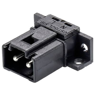 Two-pole black connector with two metal pins and side mounting holes, suitable for electrical connections.