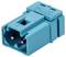 A blue electrical connector with two metal pins and a marking printed on the top surface.