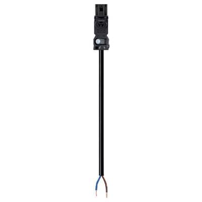 Close-up of an electrical sensor with cable connection, comprising a black housing and a two-coloured cable with blue and brown wires.