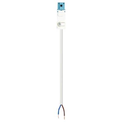A white electrical cable with a blue and a brown wire. A blue plug connector at the top.