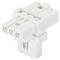 A white, three-pin plug with a rectangular shape, used for electrical connections or wiring.