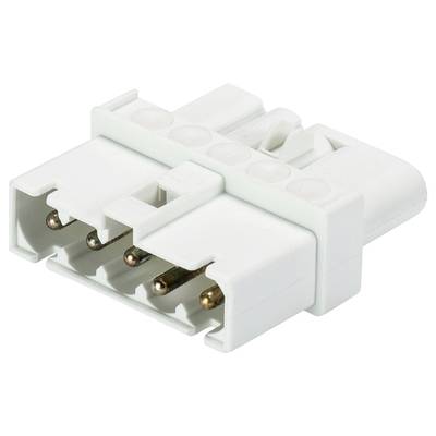 A white, multi-pole electrical connector with three metal pins, suitable for connection to corresponding sockets.
