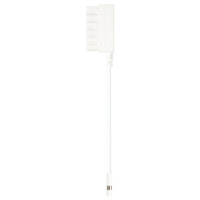White, rectangular electrical plug with a short cable and a round metal connector at the end, potentially for an electronic device.