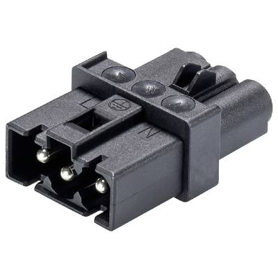 Black electric plug with three round metal contacts, suitable for high-current applications in devices or machines.