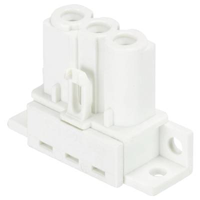 A white connector plug with three socket openings and two mounting holes, suitable for electrical connection.