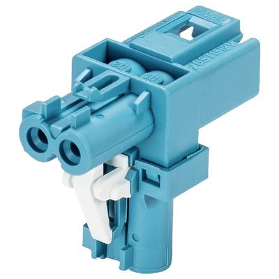 Blue plastic connector with two round openings and a white lever in the middle, for electrical connections.