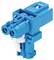 Blue, rectangular electrical connector with two front terminals and white elements, for data or power connections.