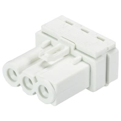 A white, three-pin electrical plastic connector, similar to a Molex connector, with a side clip for locking.