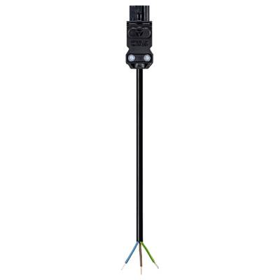 Black electric plug with long cable that branches into three coloured wires (blue, brown, yellow-green).