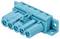 Blue, square plastic plug with four holes and marking '250V/16A'.