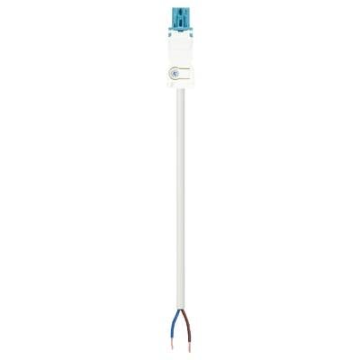 A white electrical cable connector with a blue plug, two exposed wires: one brown and one blue. Suitable for electrical installations.