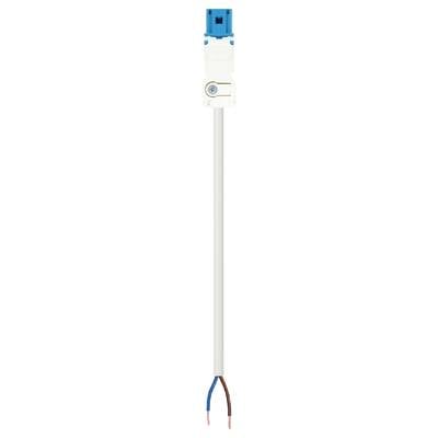 A white cable with two stripped ends, one in blue and the other in brown, connected to a blue connector.