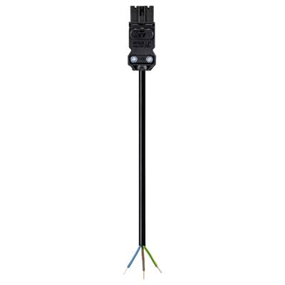Black electronic cable with plug at the top; at the lower end are four coloured wires exposed: brown, blue, green-yellow, black.