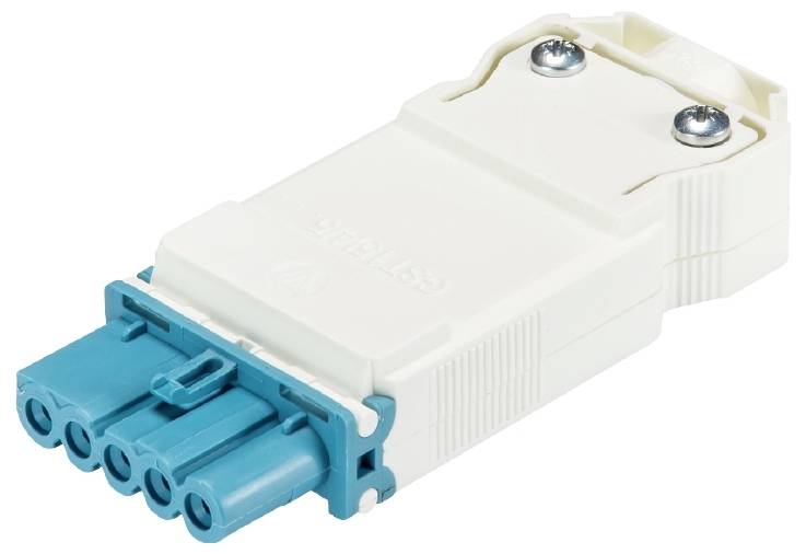 A rectangular, white electrical plug with three blue sockets and two visible screws on top. Suitable for industrial applications.