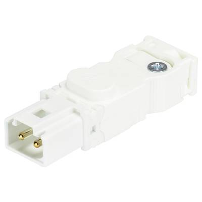 A white, rectangular electrical connector with two golden contact pins and a screw on the top surface.