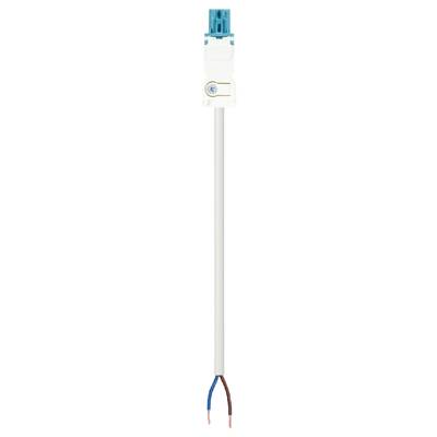 A white cable with a blue connector at the top, with two open ends below: a brown and a blue cable.