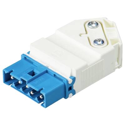 A white and blue three-pin electrical connector made of plastic with two visible screws on the top cover.