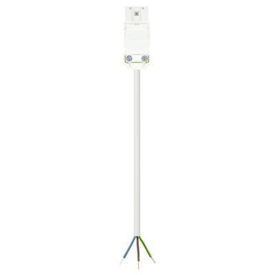 White electrical plug cable with three protruding wires in blue, yellow-green and brown, suitable for electronic connections.