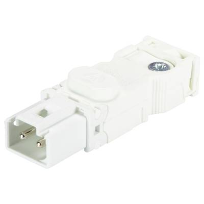 White connector with two metal pins, suitable for connecting electrical devices in electronic applications.