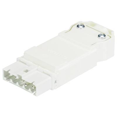 A white electric plug adapter with two screws, designed for securely connecting cables or components.