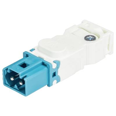 Blue and white electric plug adapter with metal contacts, suitable for industrial applications.