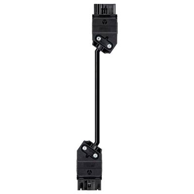 A black, flexible cable connector with rectangular plug connections at both ends, used for electrical connections.